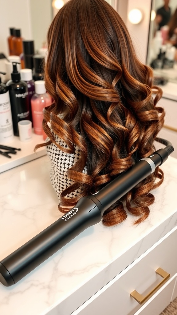 A 1-inch curling iron on a vanity with beautifully styled loose curls in the background.